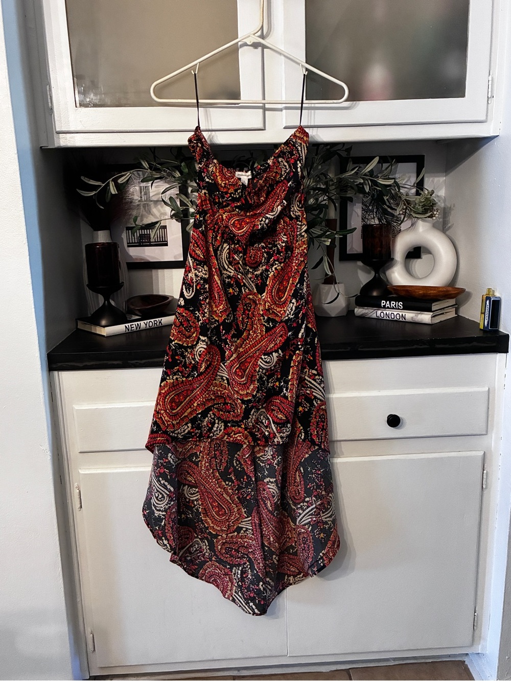 Ambiance apparel chic Black and Red Paisley High-Low Slip Dress